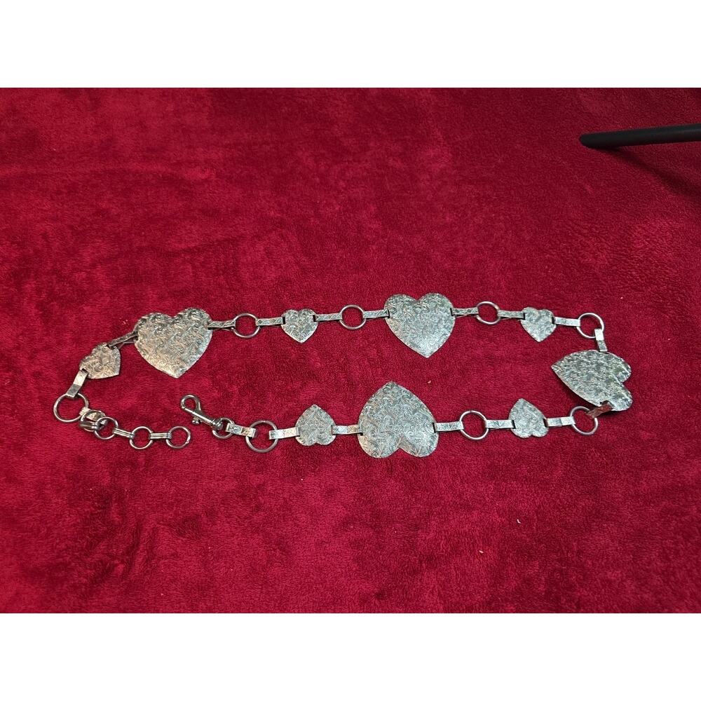 Vintage 1980s Silver Tone Heart Chain Belt Metal Link Waist Belt Adjustable